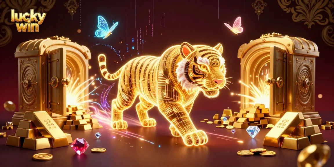 Engage with the lucky win ambiance featuring a glowing golden tiger in a vibrant casino scene.
