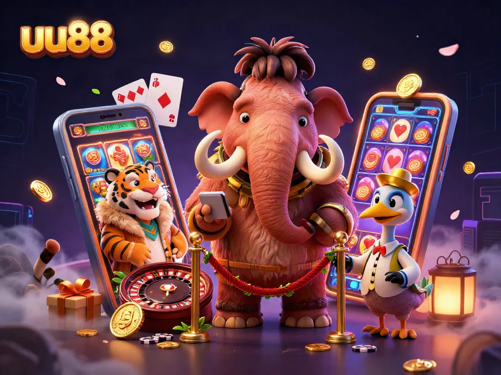 uu88 gaming experience featuring a woolly mammoth bouncer, slot games, and vibrant casino elements.