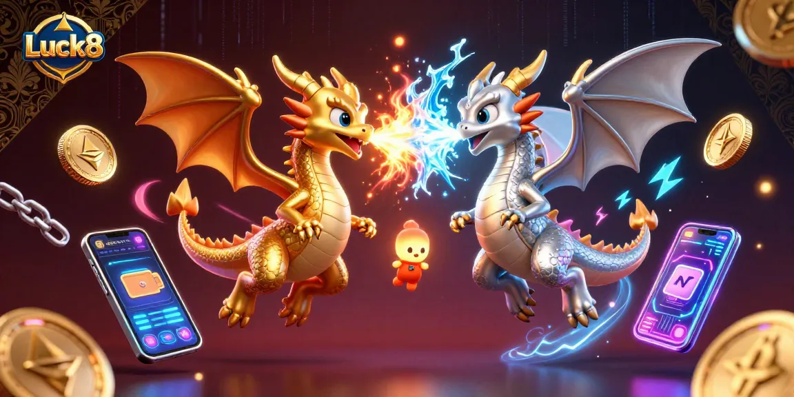 Experience exhilarating gaming action with Luck8, featuring dynamic dragons amidst neon crypto elements.