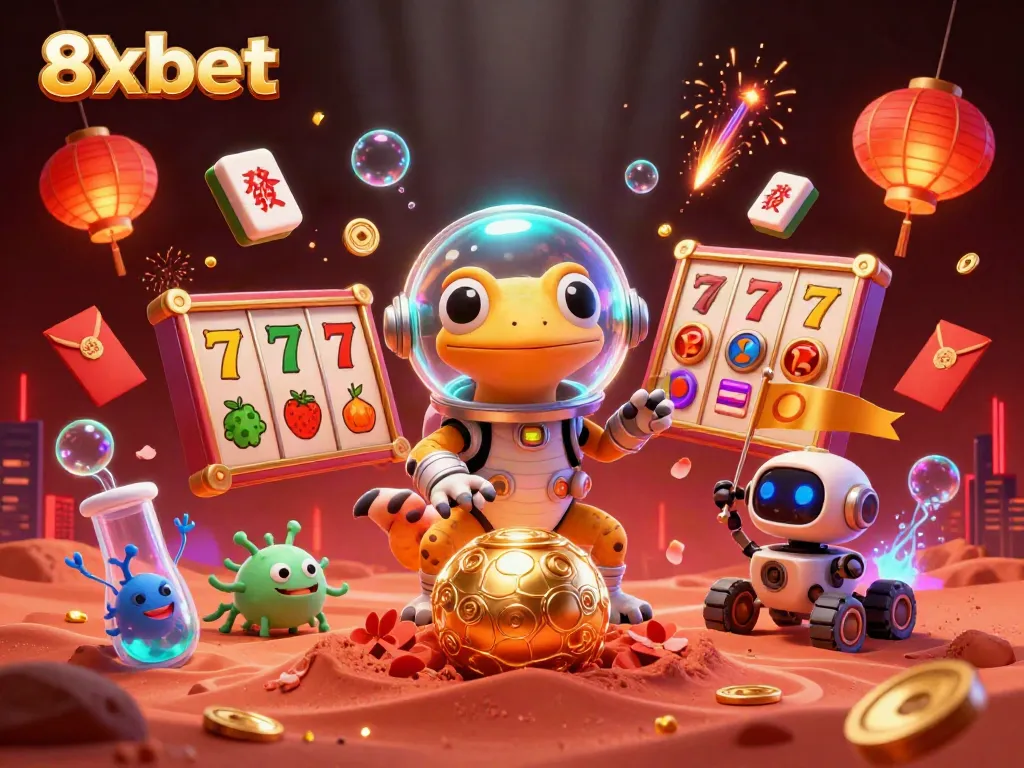 Experience an exciting 8xbet gaming adventure with a Martian gecko and friends in a golden casino.
