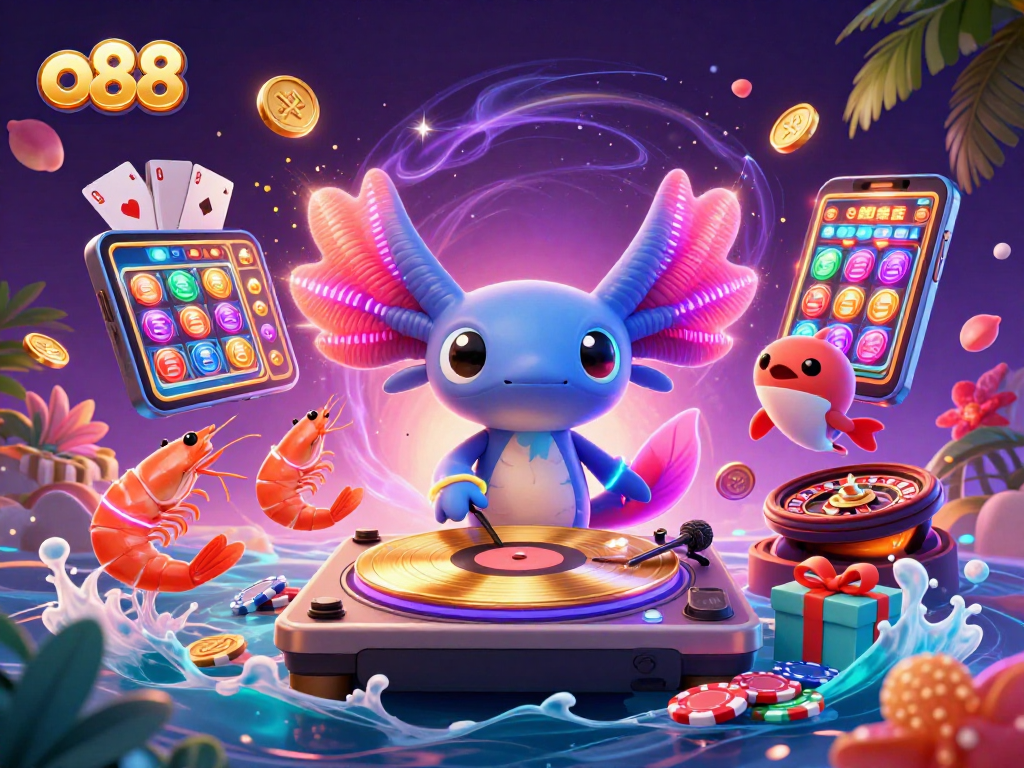 Engage with the vibrant o88 scene featuring a neon axolotl DJ mixing underwater as shrimp dancers celebrate in a carnival.