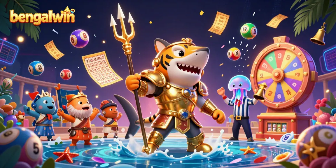 Bengalwin engages players with a vibrant underwater casino scene featuring a tiger shark and dynamic lottery elements.
