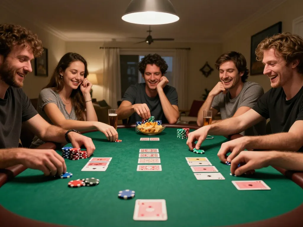 Engaged players enjoying LODE88 poker night with colorful chips and cards