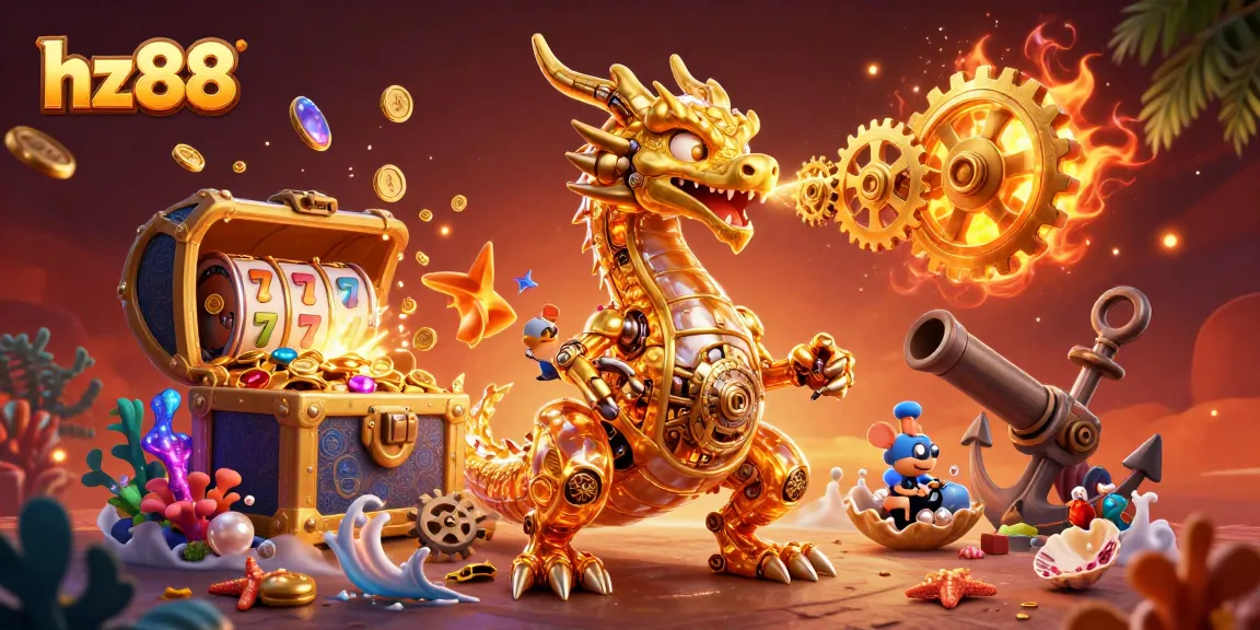 Experience thrilling wins at hz88 with giant golden dragon and vibrant slot elements in a cascading ocean scene.