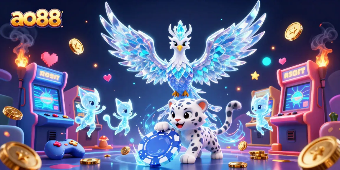 Experience the thrilling adventure at ao88 with an ice phoenix, a playful snow leopard, and dancing ice sprites in a vibrant casino scene.