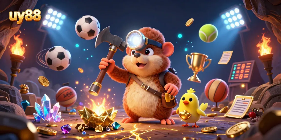 Engage with uy88 sports betting excitement, illustrated by a dynamic treasure hunter mole and canary amidst game elements.