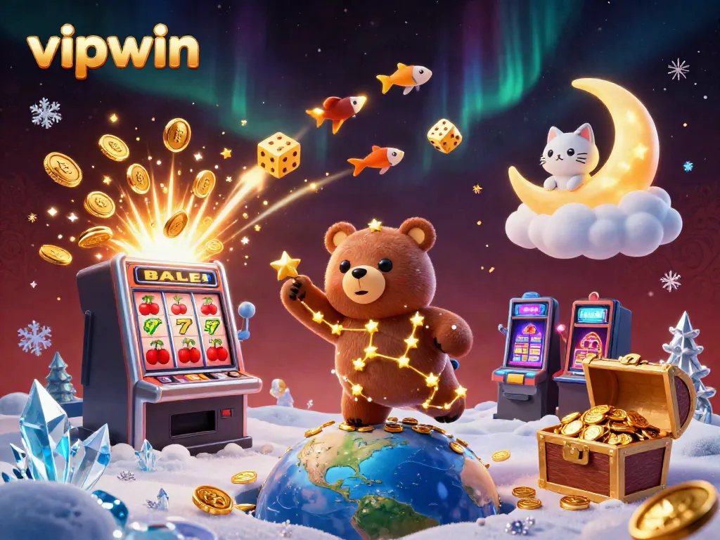 Engage in thrilling gameplay with VIPWIN, featuring a celestial bear, vibrant slot machine, and dynamic casino elements.