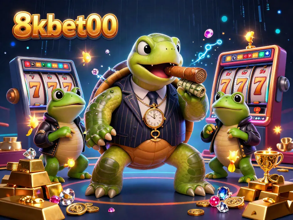Experience thrilling gameplay with 8xbet00 as a snapping turtle in a mobster suit enjoys casino life with vibrant slot games.