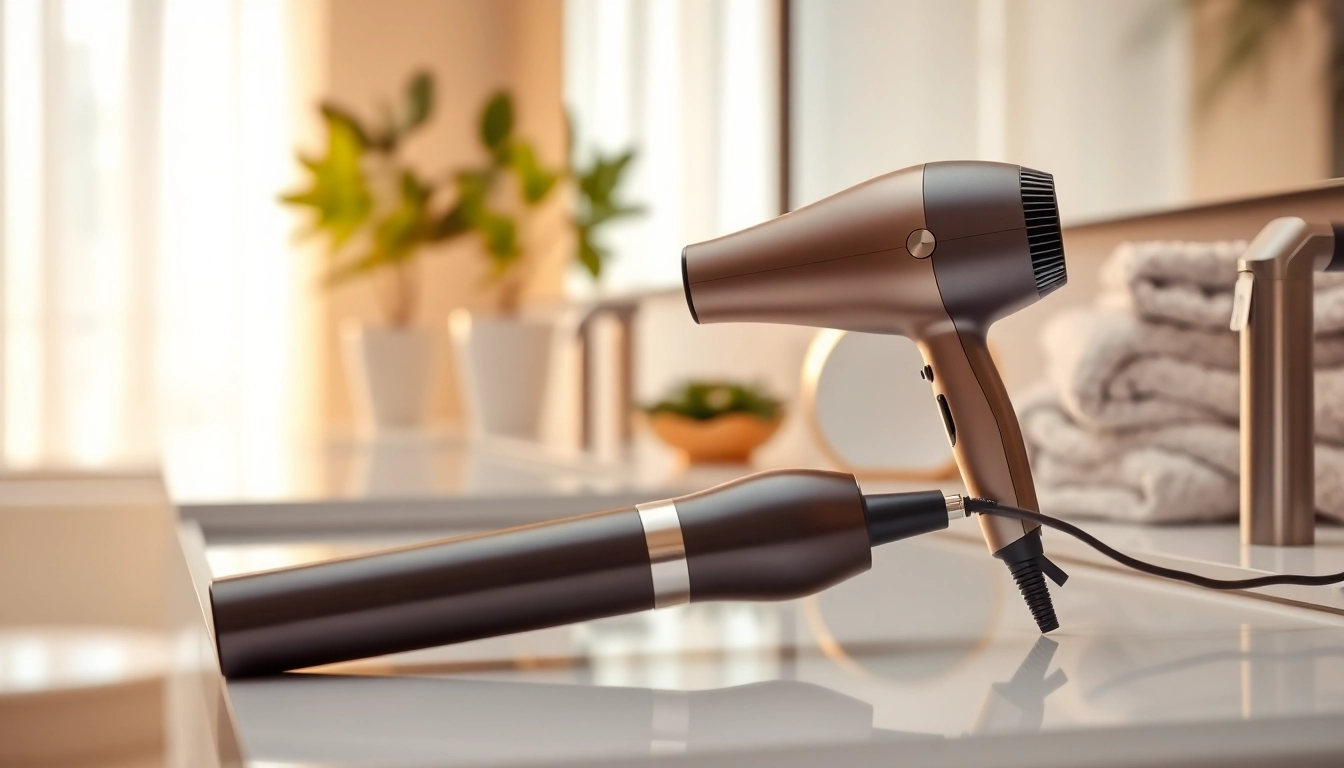 Using an Ionic blow dryer against a stylish bathroom backdrop enhances your hair styling experience.