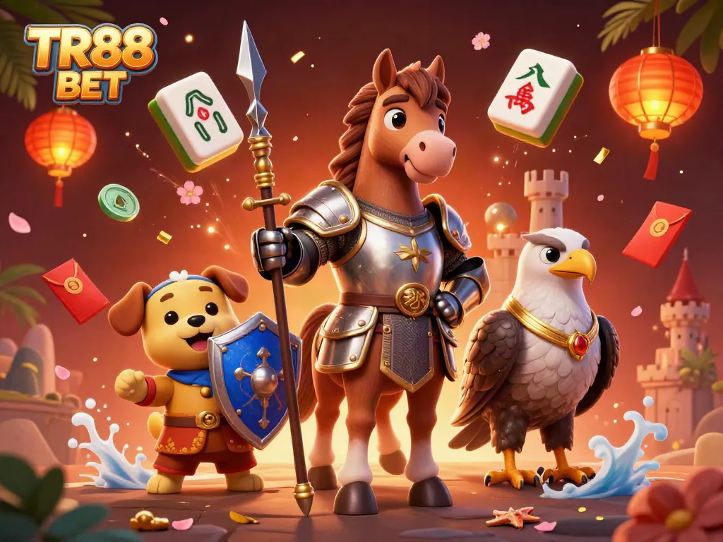 Experience the thrill of TR88 BET with a vibrant scene featuring a knight, a puppy, and a falcon amidst festive gambling elements.
