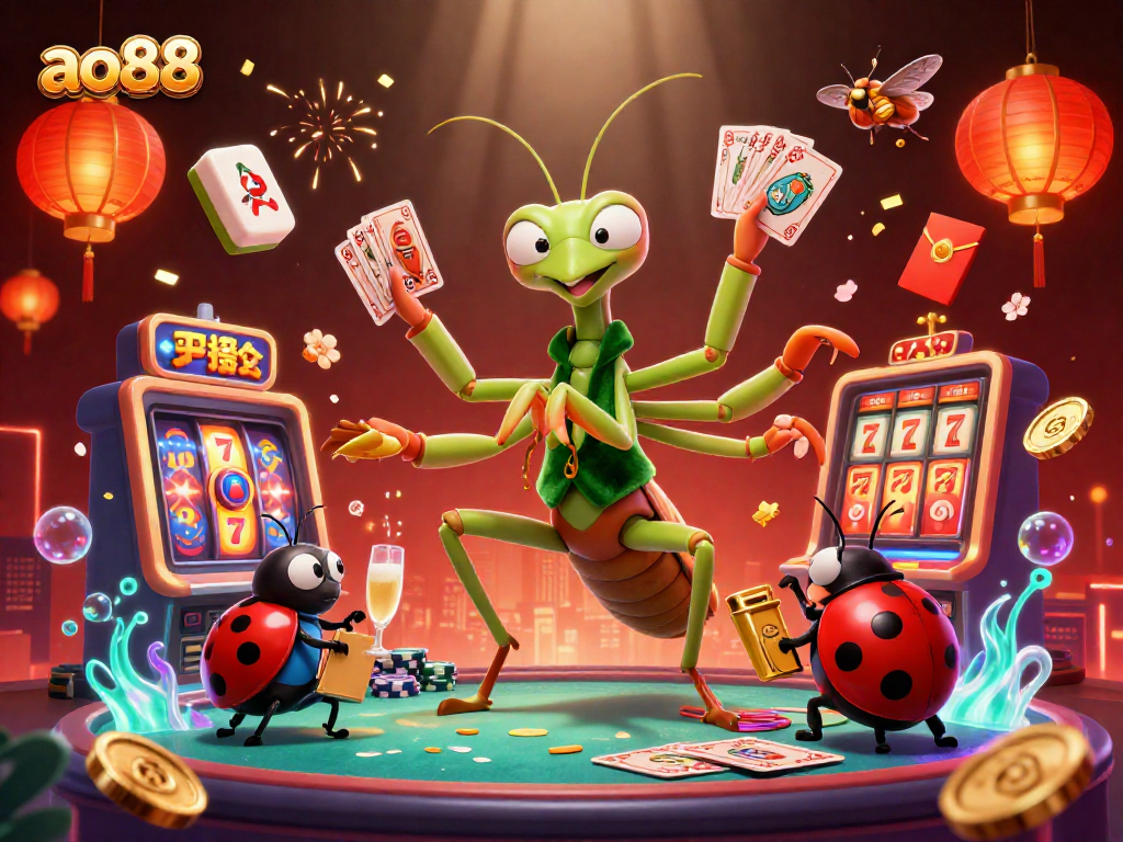 Experience exciting gameplay at ao88 with dynamic slot machines, festive decorations, and energetic casino characters.