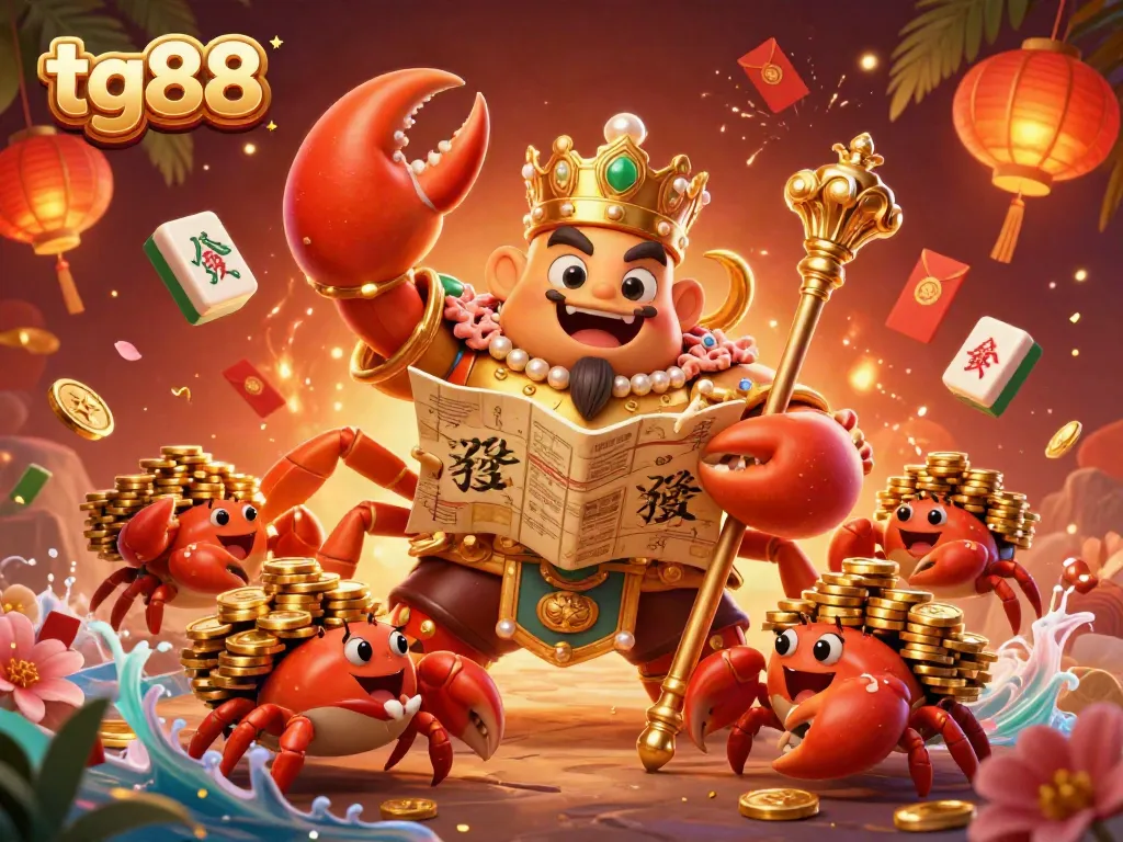 Engage in thrilling gameplay with tg88, a vibrant 3D scene showcasing a golden crab emperor in a festive casino environment.