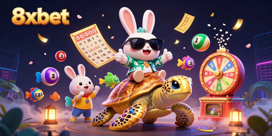 8xbet brings you luck with cartoon rabbit and turtle in a vibrant, action-filled casino scene