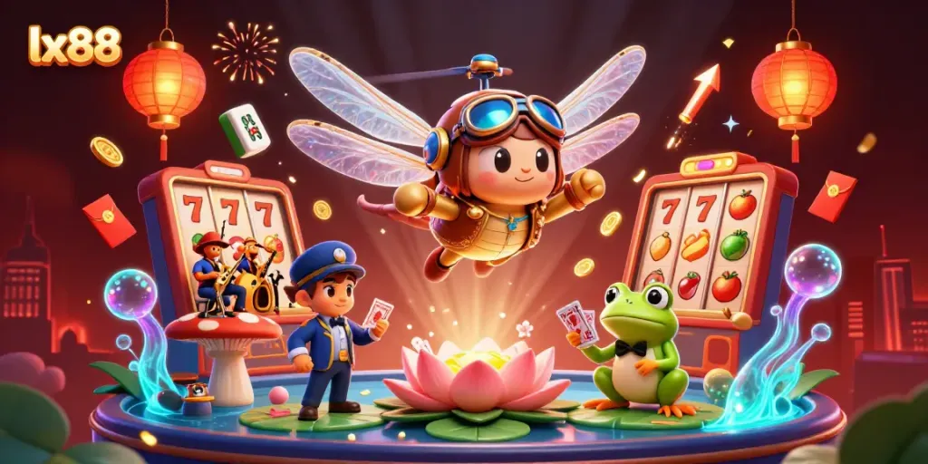 Experience thrilling gameplay with lx88 at a lively lily pad casino complete with exuberant characters and vibrant gambling elements.