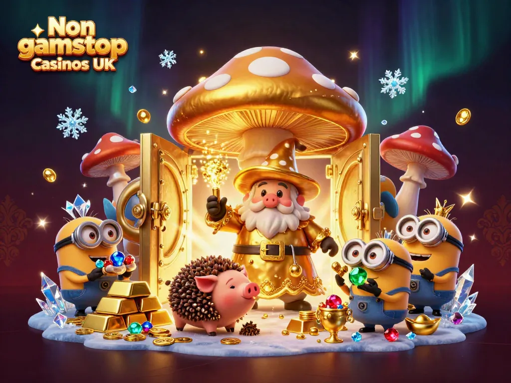 Experience the magic of Non gamstop casinos UK with a whimsical golden mushroom wizard and treasures.