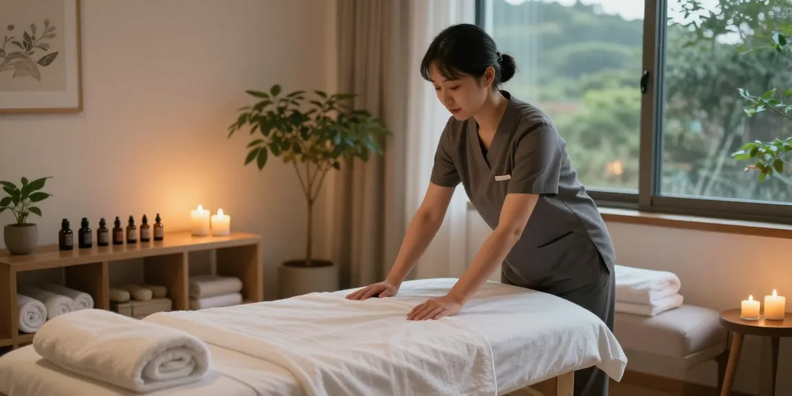 Relaxing 인계동출장안마 massage therapy room setup with a trained therapist preparing a tranquil environment.