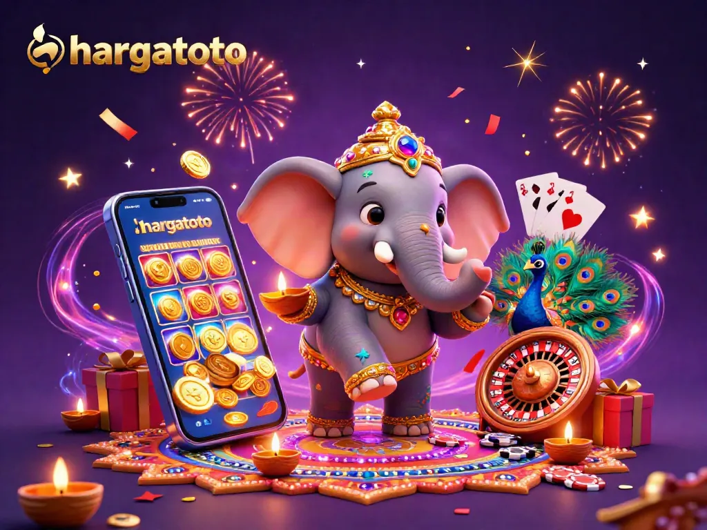 Spin the reels on Hargatoto's vibrant online slot games amid a dazzling festival scene.
