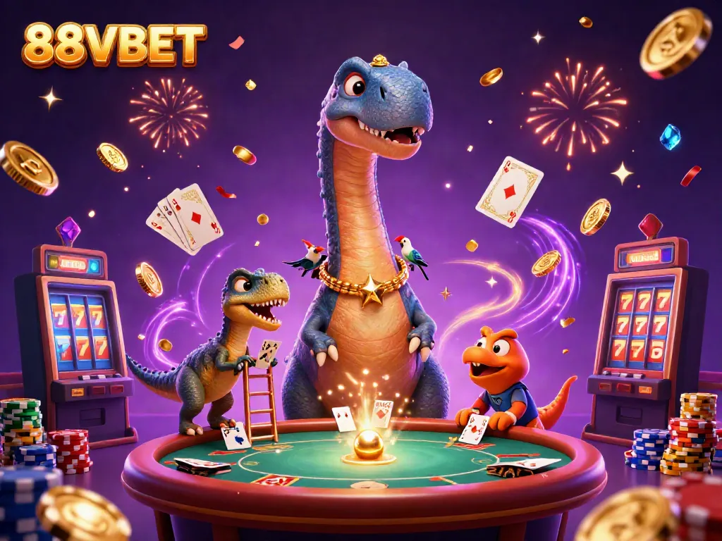 Join the fun at 88VBET with a vibrant casino scene featuring dynamic characters and exciting gaming elements.