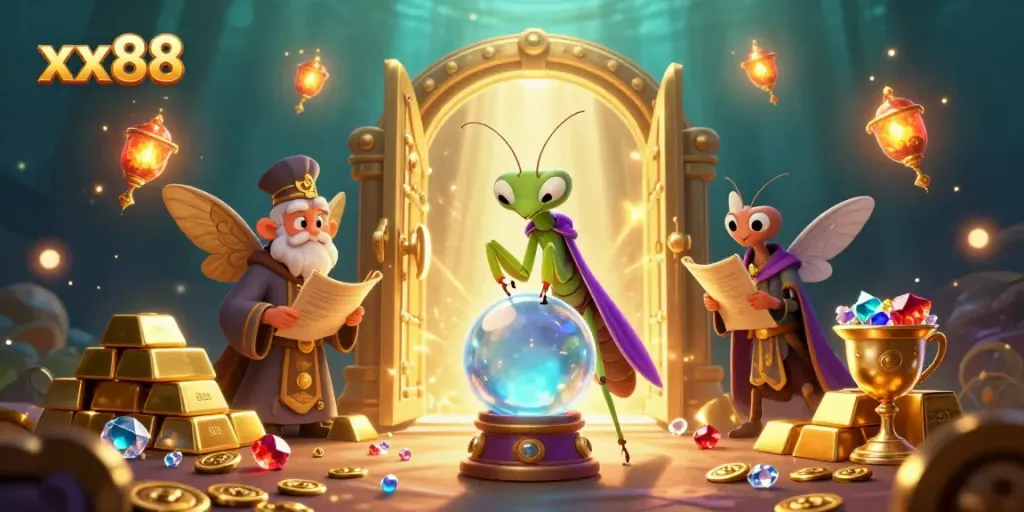 Spin and win at xx88 with a vibrant casino scene featuring mystical characters and treasures.