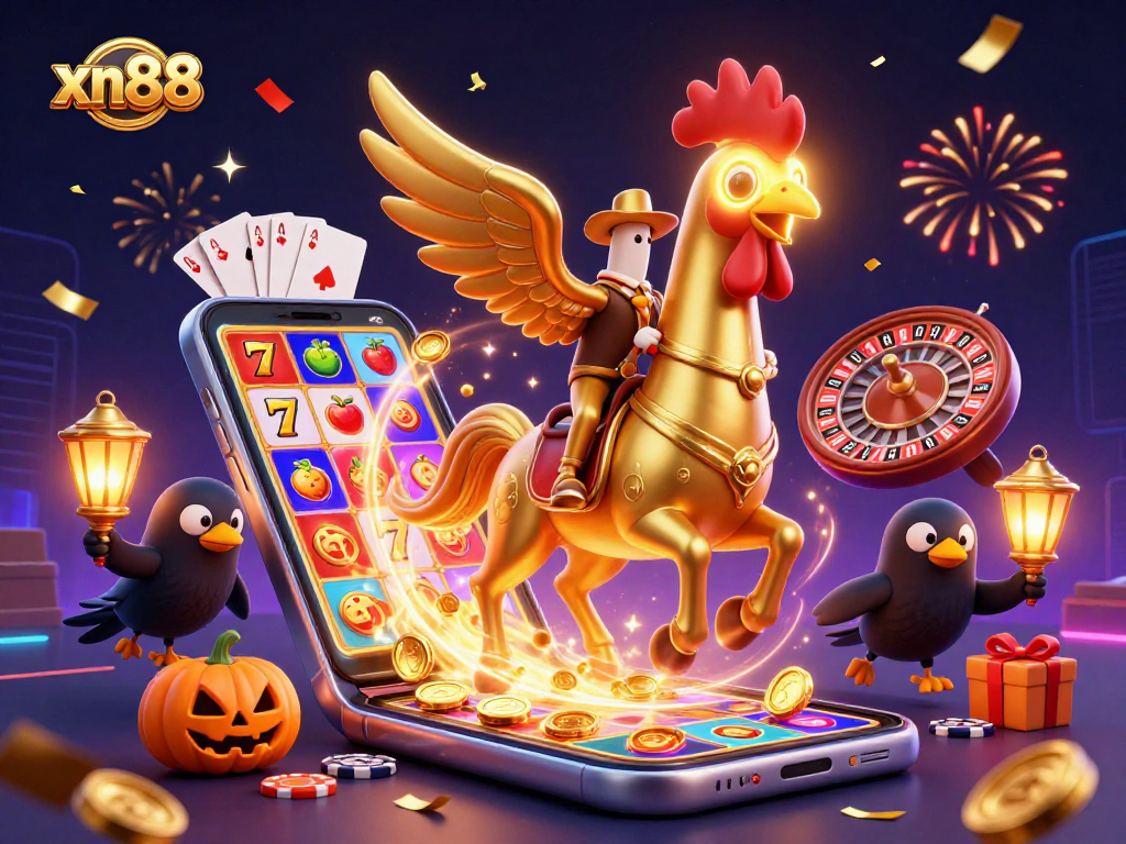 Experience the excitement of xn88 with a golden rooster navigating a vibrant casino scene.