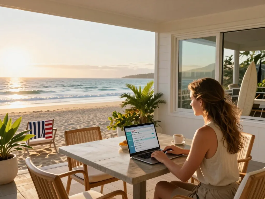 Property manager optimizing Airbnb management gold coast beachfront rental, laptop showcasing listings with ocean views.