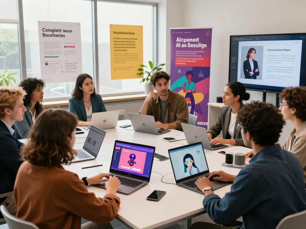 Engaging discussion on the implications of sex AI technology in a modern workshop environment.