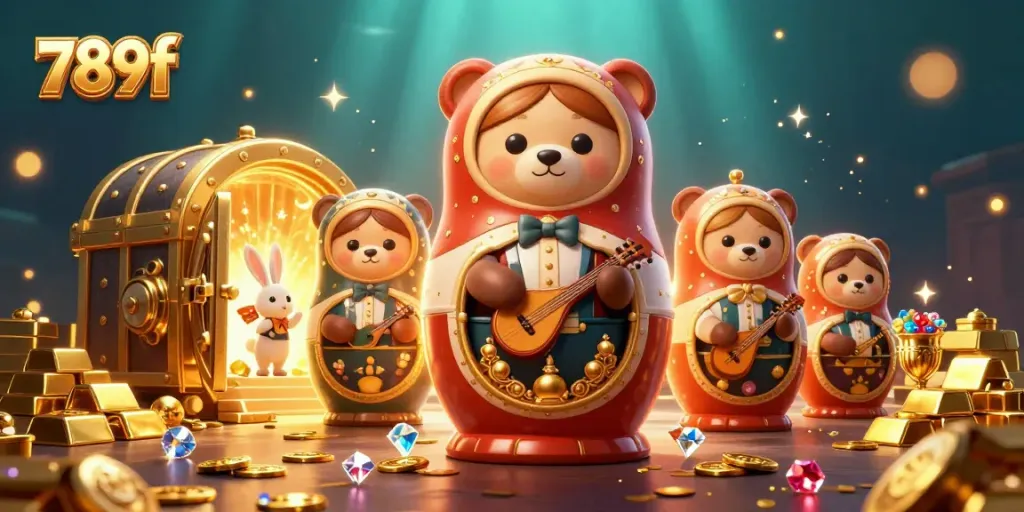 Experience an engaging casino adventure with 789f, highlighted by cartoon bears in dealer outfits and golden treasures.