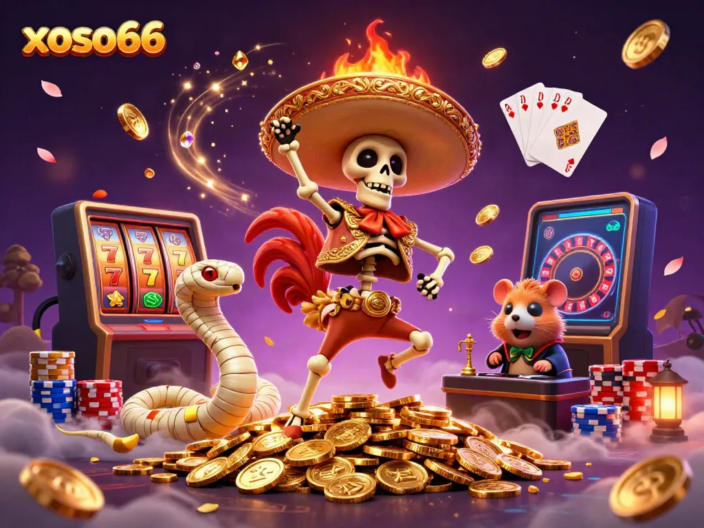 Join in the excitement with xoso66 as a lively mariachi rooster dances among cascading coins and sparkling gems.