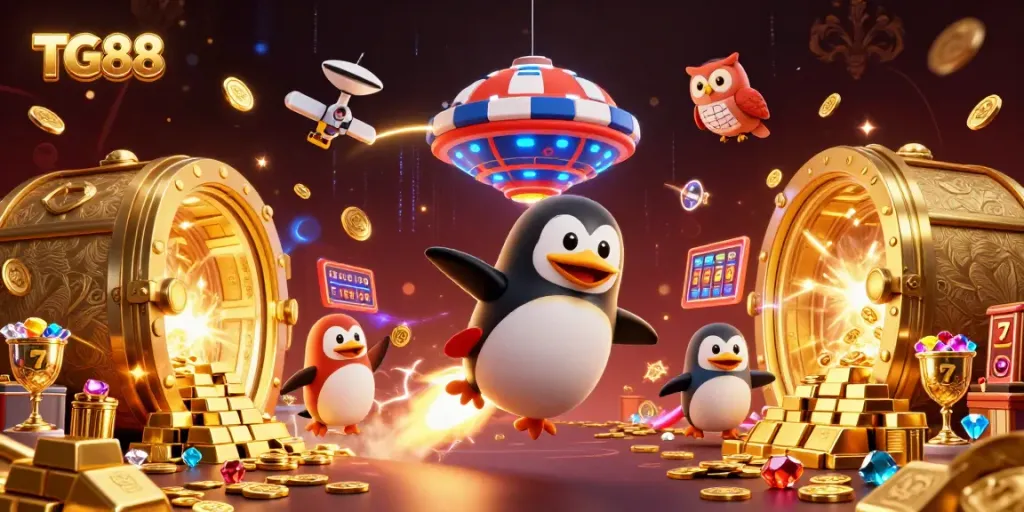Experience the excitement of TG88 with a golden penguin soaring towards a massive poker chip casino.
