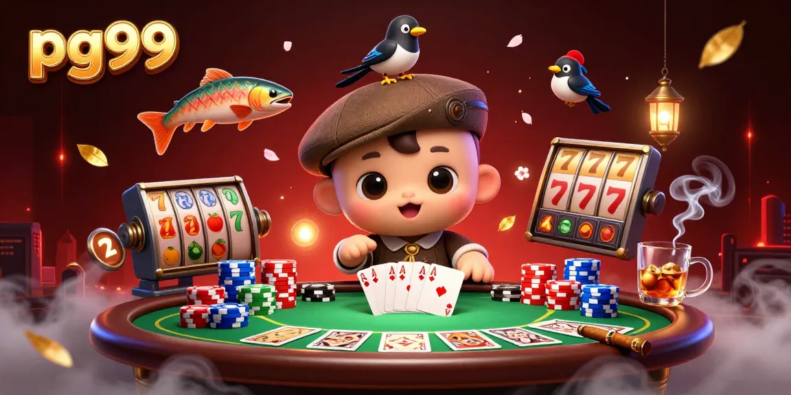 pg99 offers a vibrant casino scene with a playful Loch Ness monster and colorful poker elements.