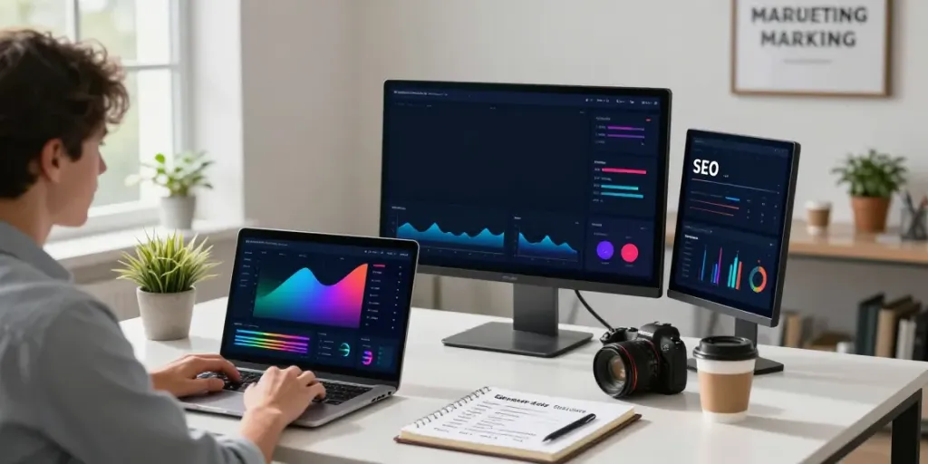 Marketer analyzing instant indexing strategies on a laptop in a modern office.