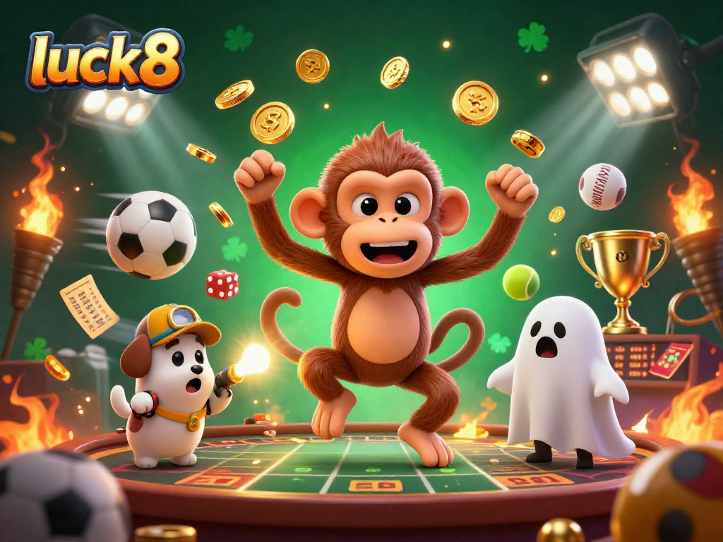 Experience thrilling gaming action at luck8 with a charming poltergeist monkey and ghost-hunter puppy in a haunted casino.
