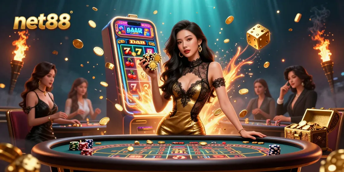 Engage in exciting game action with net88 at a VIP casino table surrounded by thrilling slot symbols and golden chips.