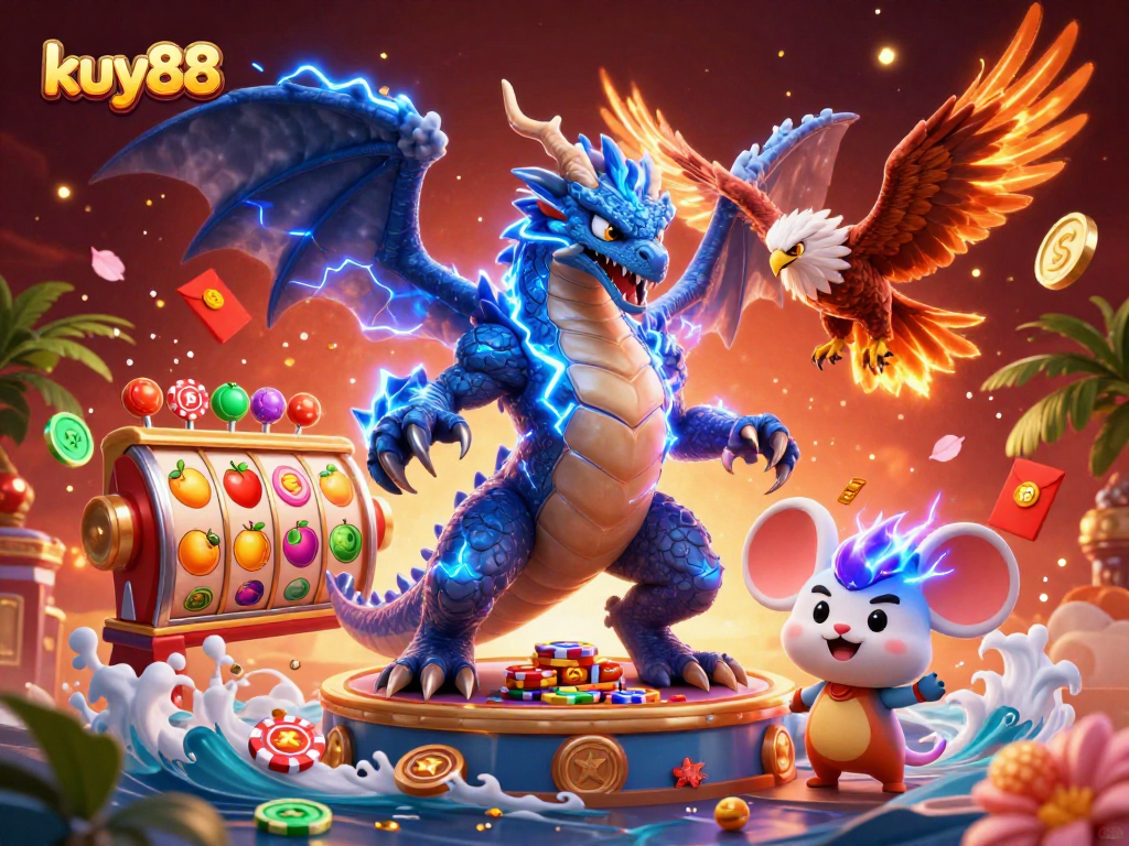 Experience thrilling gameplay with kuy88's vibrant casino scene, featuring electrifying 3D characters.