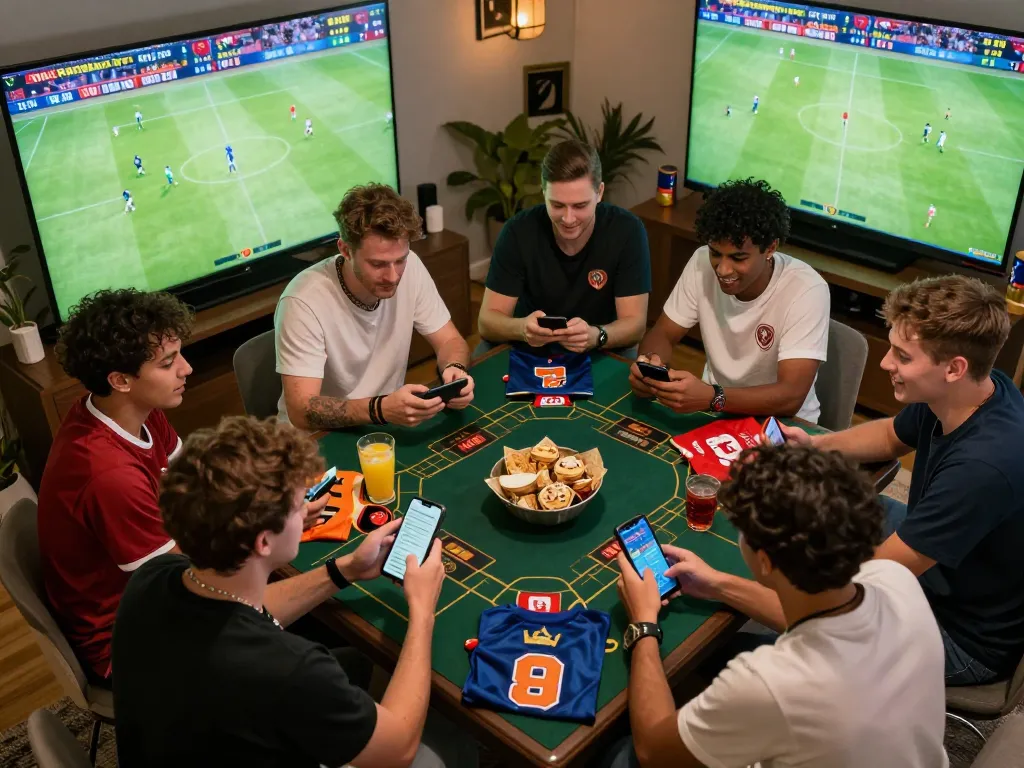 Excited group placing bets on CAKHIA TV during a live football match.