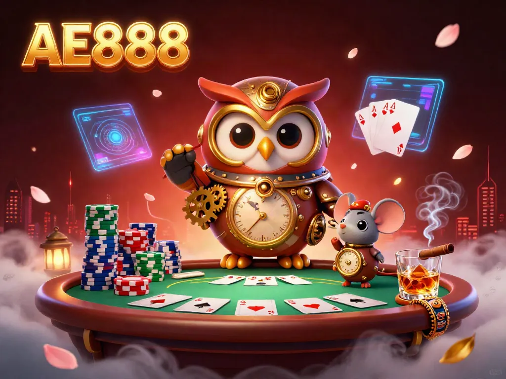 Engage with stunning AE888-themed casino action in a vibrant 3D fantasy illustration.