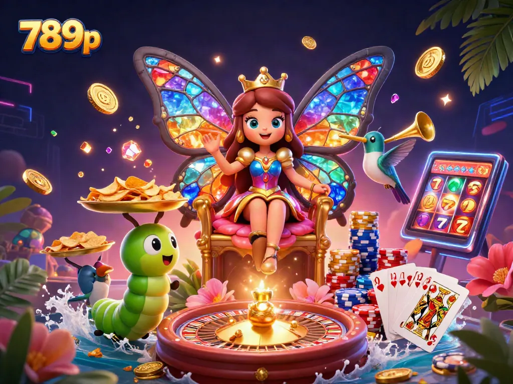 Experience thrilling gameplay with 789p's vibrant casino illustration of a butterfly queen and wise caterpillars.