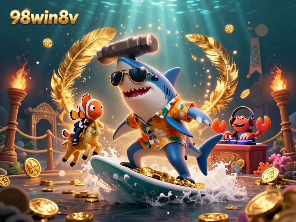 Experience the thrill of 98win8v with a lively aquatic casino scene featuring a shark, clownfish, and crab.