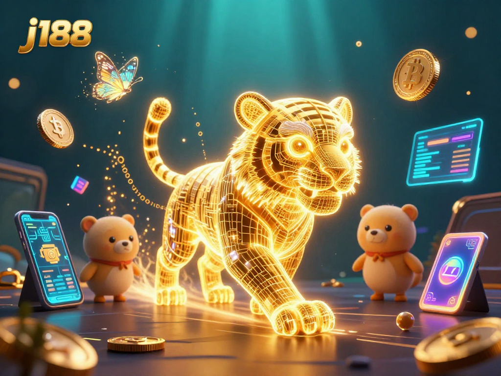 Experience the excitement of j188 casino with a glowing tiger and NFT elements in a vibrant digital scene.