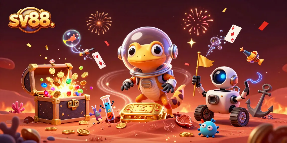 Explore sv88. casino adventure with a Martian gecko, showcasing vibrant gameplay elements and treasures.