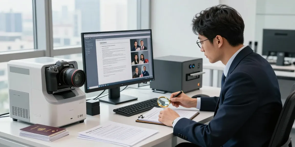 Professional investigator analyzing document fraud detection tools in a high-tech workspace.