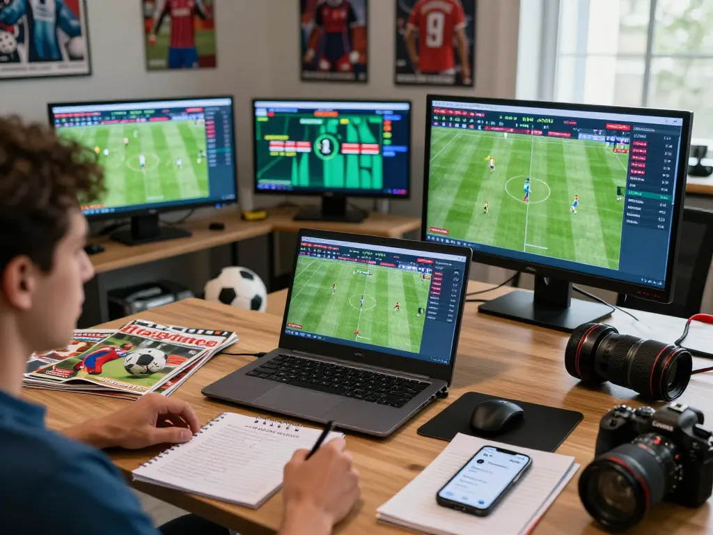 Intense soccer fan analyzing live scores on NOWGOAL with stats and notes.