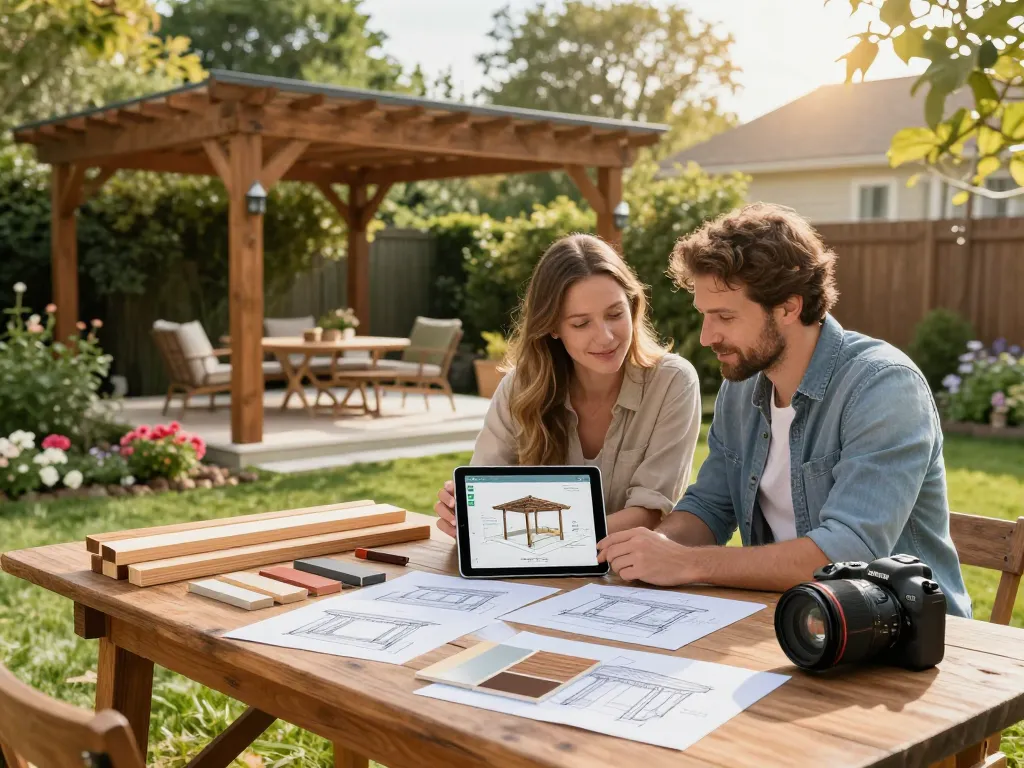 Couple using a pergola configurator on a tablet in their landscaped backyard