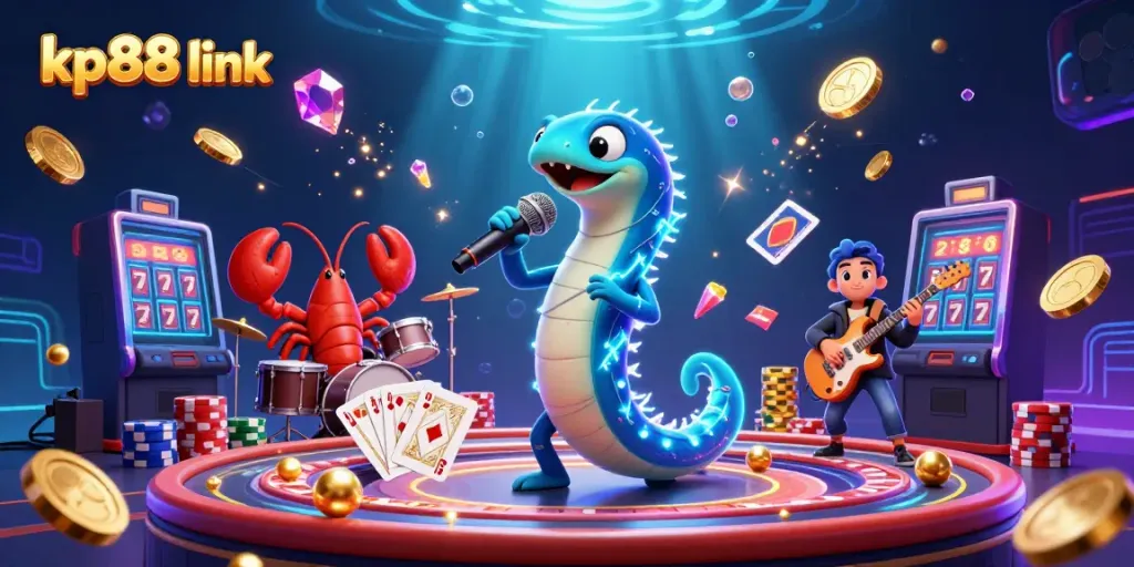 Enjoy the vibrant kp88 link scene featuring a performing electric eel DJ with casino elements.
