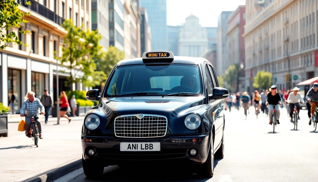 Minicabs ready for service in a vibrant urban environment showcasing city life.
