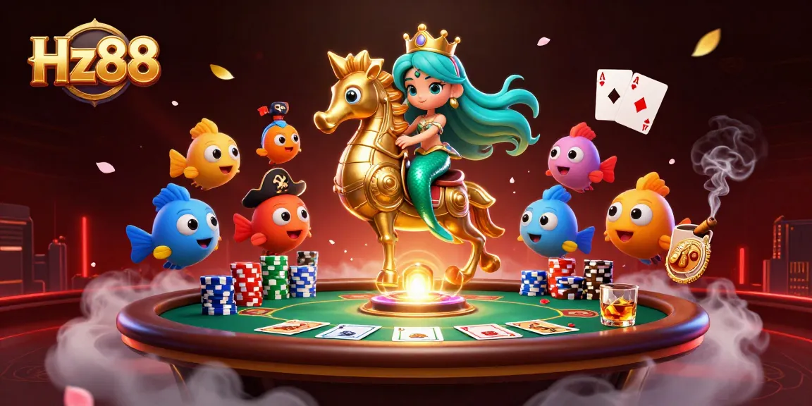 Engage in exciting gameplay at Hz88 with a magical 3D casino illustration featuring vibrant characters and poker elements.