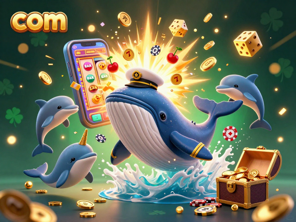 Experience thrilling wins at com with a magical scene of a whale, dolphins, and casino excitement!