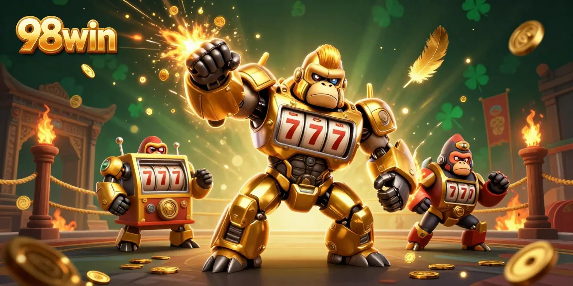 98win players explore an exciting 3D mech-packed casino scene with vibrant game elements.