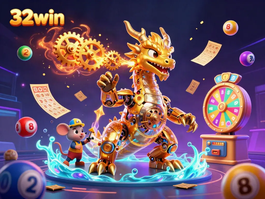 Engage with thrilling games at 32win, featuring a golden dragon, vibrant lottery balls, and exciting casino elements!