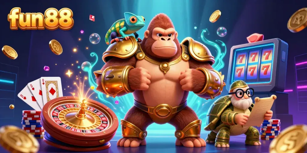 Experience thrilling wins at fun 88 with an illustration of a gorilla king, chameleon, and tortoise in a vibrant casino realm.